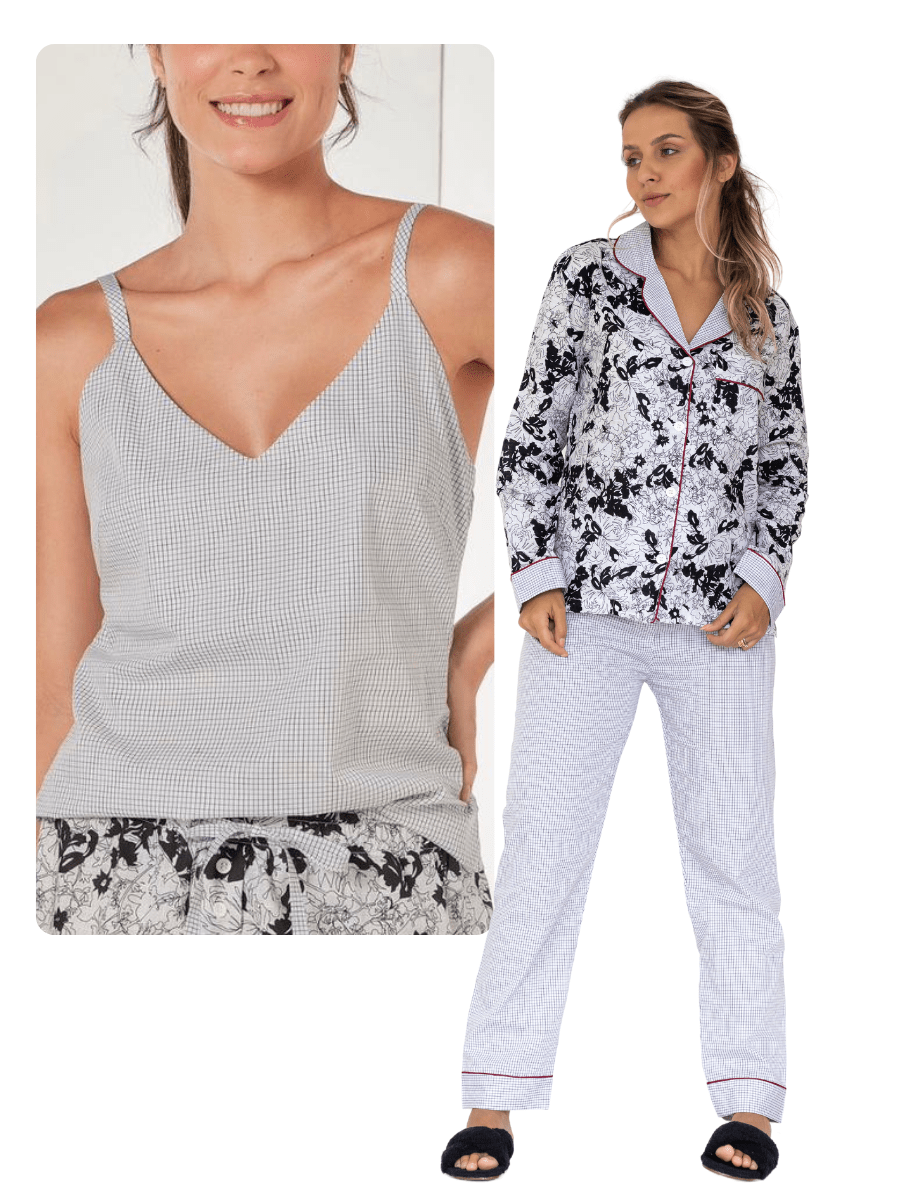 CONJUNTO 3 PEÇAS PIJAMA ALFAIATARIA LONGO FLORA P&B + REGATA