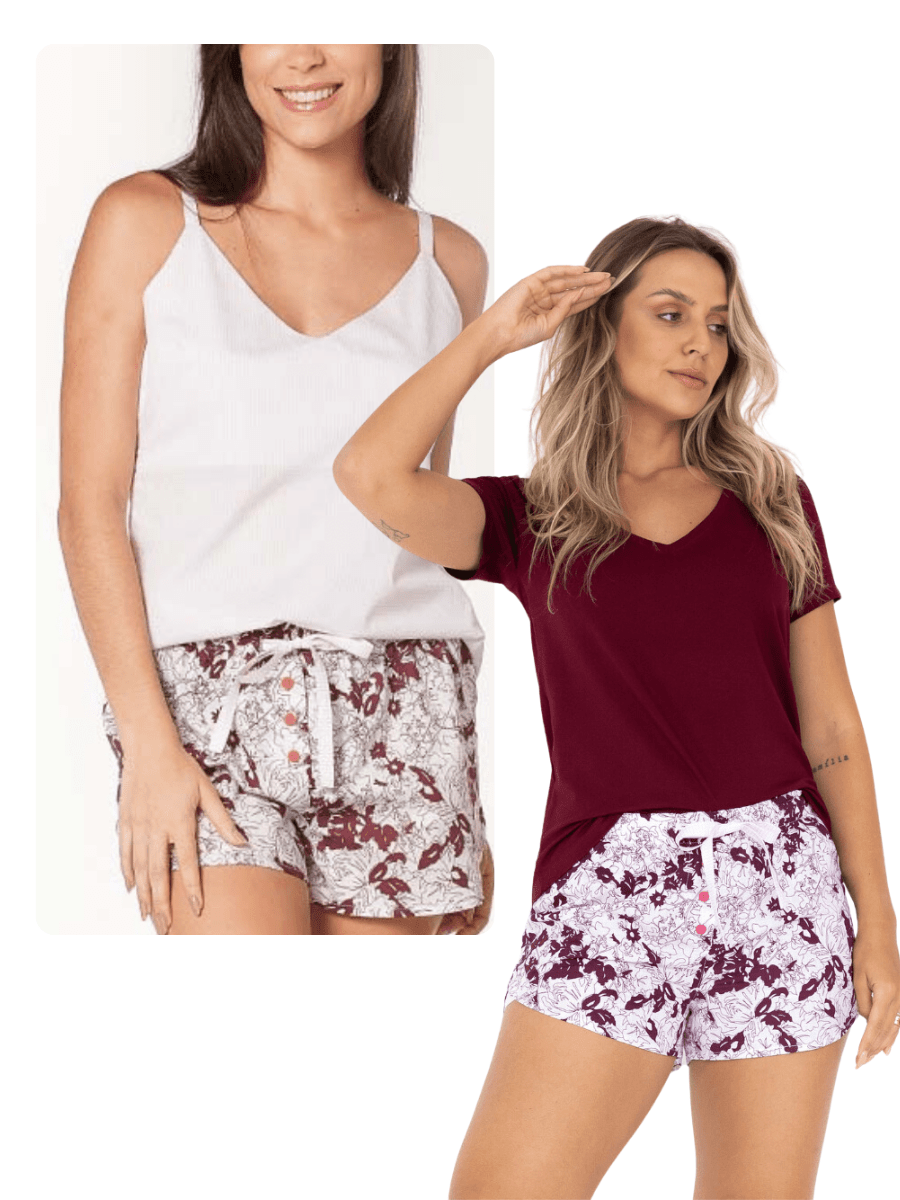 CONJUNTO 3 PEÇAS CAMISETA + REGATA + BOXER DOLL FLORA MARSALA