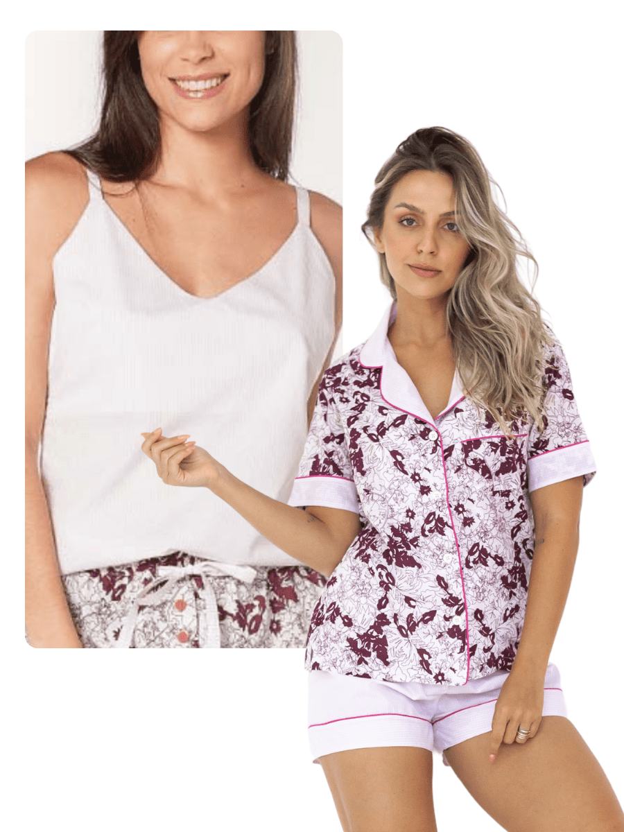 CONJUNTO 3 PEÇAS PIJAMA ALFAIATARIA CURTO FLORA MARSALA + REGATA