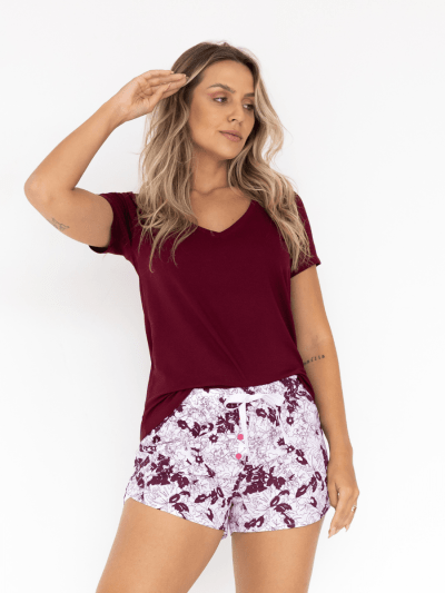 CONJUNTO 3 PEÇAS CAMISETA + REGATA + BOXER DOLL FLORA MARSALA